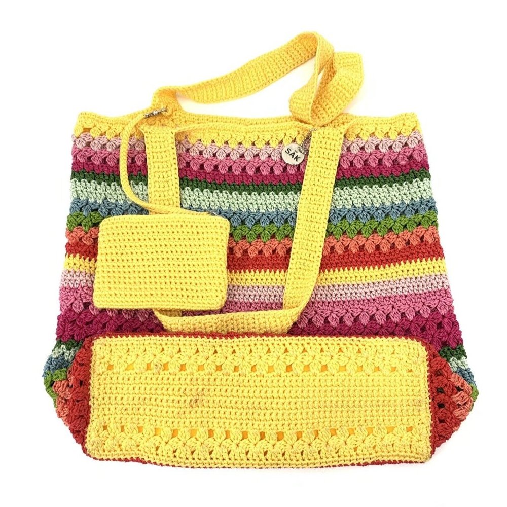 The Sak Large Rainbow Crochet Tote with Attached Coin Purse 13" x 16" x 5"